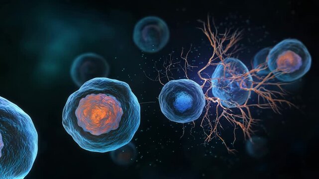 Scientific 3D illustration showing stepwise germline stem cell division into cystoblast, fusome branching, and hemifusome formation, realistic cell textures, educational diagram style