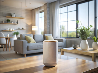 Smart home speaker in modern living room provides comfort and ease