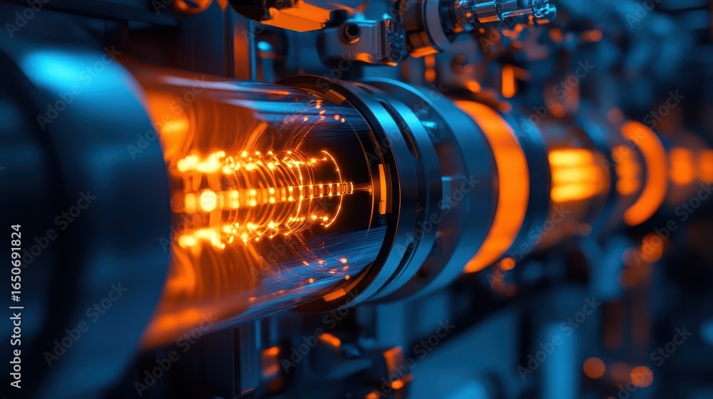 Poster glowing tube with orange light displaying high-tech experimentation in a futuristic laboratory envir