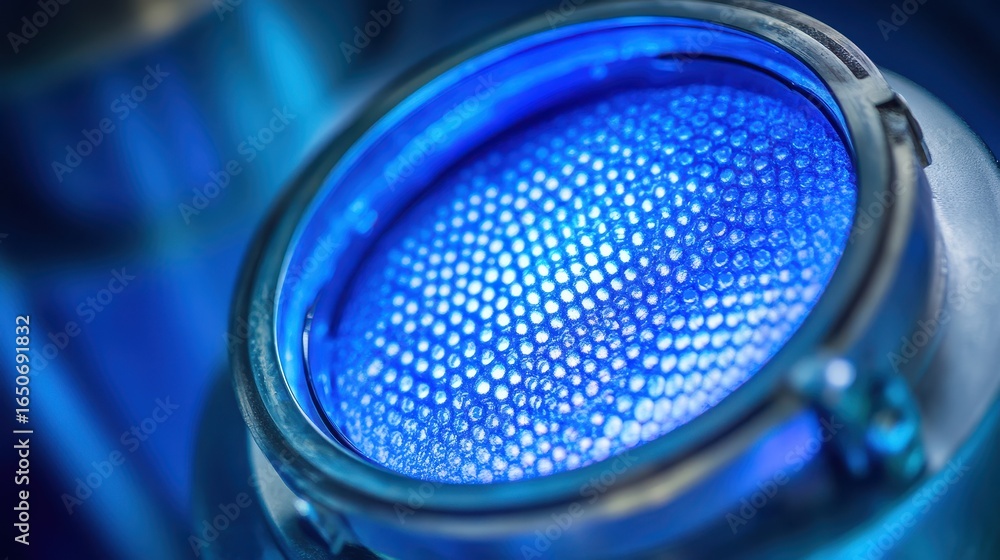 Poster close-up of a circular blue light with textured surface, showcasing iridescent patterns and intricat