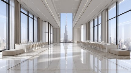 Elegant dining event with burj khalifa view luxurious restaurant modern architecture urban environment wide-angle perspective