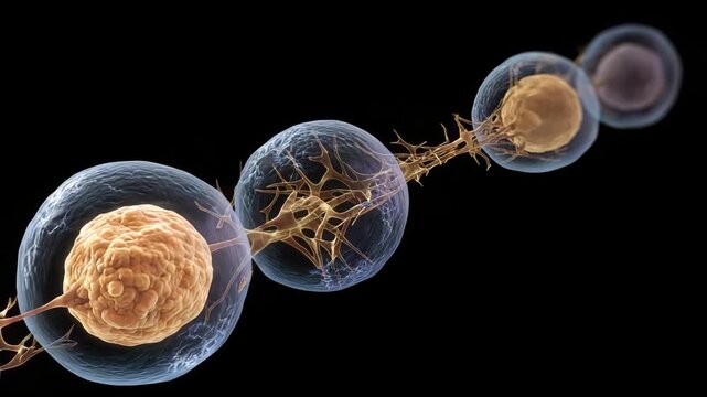 Scientific 3D illustration showing stepwise germline stem cell division into cystoblast, fusome branching, and hemifusome formation, realistic cell textures, educational diagram style