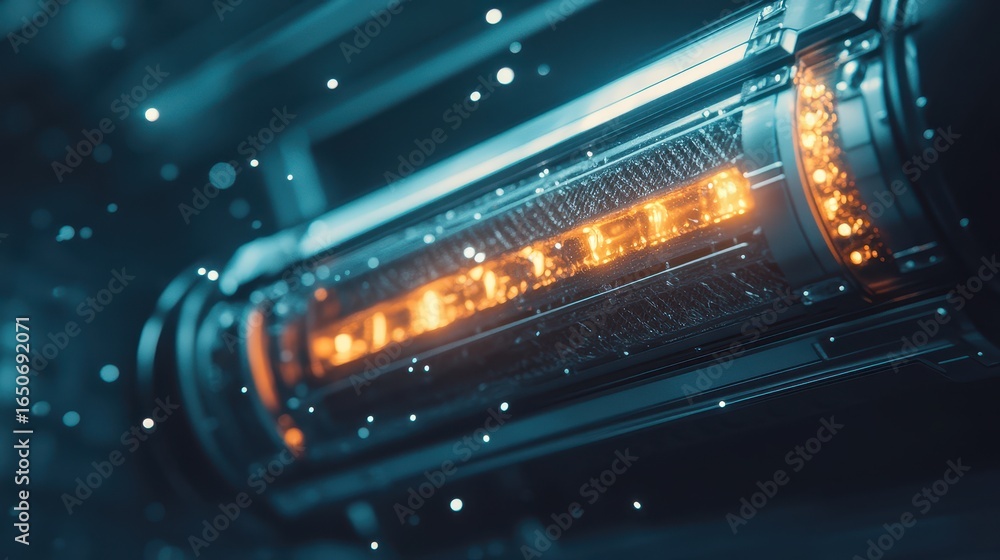 Poster futuristic technology concept with orange lights and particle effects in a high-tech environment