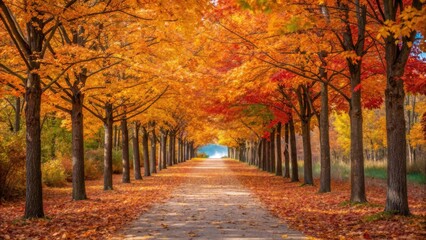 Vibrant autumn tree lined path with falling leaves