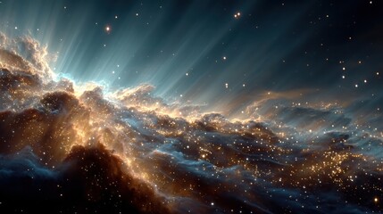 Cosmic scene with swirling stardust and radiant beams for sci-fi book covers, space game visuals, astronomy education content

