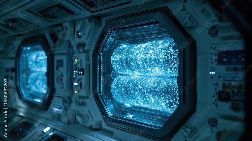 Poster futuristic space laboratory with advanced technology showcasing energetic fluid dynamics in a sci-fi