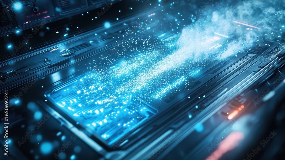 Poster futuristic digital interface with glowing particles and light effects in a sci-fi setting