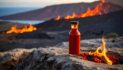 Glass Bottle Of Red Liquid Placed On Rock With Fire Elements And Landscape Background During Sunset