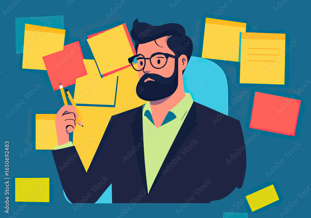 Poster businessman organizing colorful sticky notes for planning and prioritizing tasks with pencil in mode