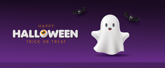 3D vector Happy Halloween banner template. Cute ghost and black bat on minimal violet background. Scary website, modern party, sale promotion poster, discount advertising, wallpaper. Trick or treat