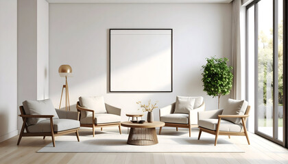 Modern Living Room Interior Featuring White Walls Wooden Floors and Comfortable Armchairs Arranged Around A Wooden Coffee Table with Artwork Displayed