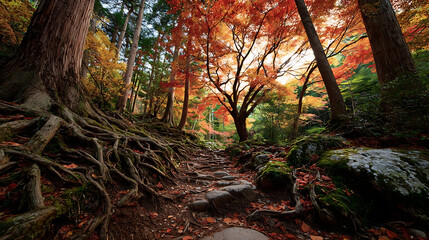 Autumn forest landscape scenic view with fall foliage trees and hiking trail stock photo image