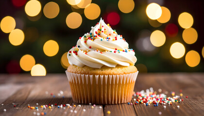 Cupcake With Creamy Frosting And Colorful Sprinkles On Wooden Surface With Bokeh Lights