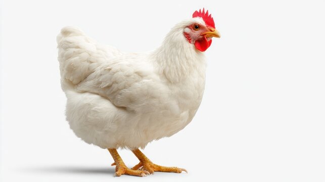 A white chicken with a red comb stands against a bright white background
