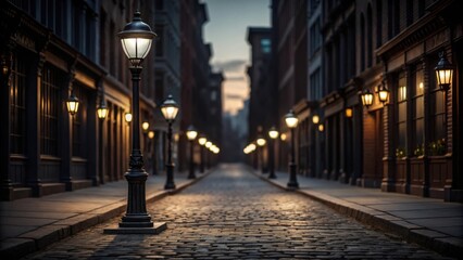 Obraz premium Cobblestone alley illuminated by gas lamps at dusk