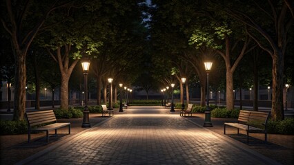 Obraz premium Illuminated park pathway lined with trees and benches at night