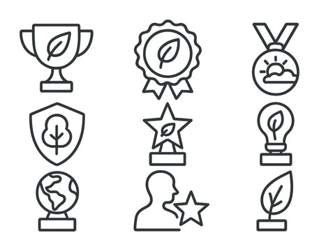 Eco Award Icons. Outline icon set of environmental awards: green trophy, eco badge, climate medal, tree