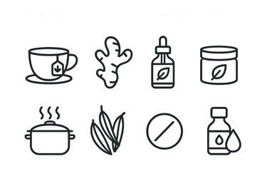 Fototapeta premium Natural Remedies Icons. Outline icon set of natural remedies: herbal tea, ginger root, tincture bottle,