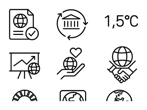 Global Climate Icons. Outline icon set of global climate goals: Paris Agreement, COP icon, 1.5&deg;C target, net