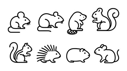 Rodent Outline Icons. Outline icon set of rodents: mouse, rat, beaver, squirrel, chipmunk, porcupine, guinea