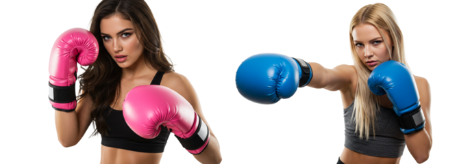 Boxing with Two Confident Women Wearing Pink and Blue Gloves on White on transparent background