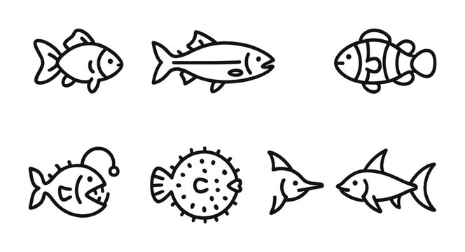 Fish Species Icons. Outline icon set of fish species: goldfish, salmon, tuna, clownfish, anglerfish,