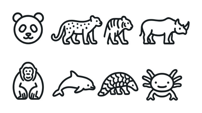 Endangered Animal Icons. Outline icon set of endangered animals: panda, snow leopard, tiger, black rhino,