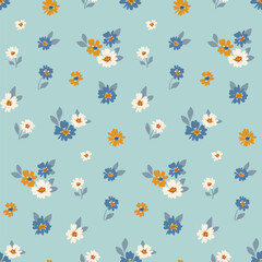 Seamless floral pattern, liberty ditsy print in delicate folk, country motif. Pretty gentle botanical design of small hand drawn daisy flowers, tiny leaves, simple mini bouquets on blue. Vector.