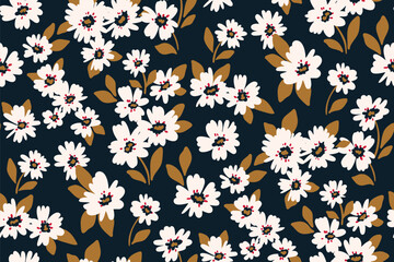 Seamless floral pattern, liberty ditsy print in artistic motif. Simple cute botanical design of small hand drawn plants, white graphic flowers, little leaves on dark field. Vector illustration. © Yulya i Kot