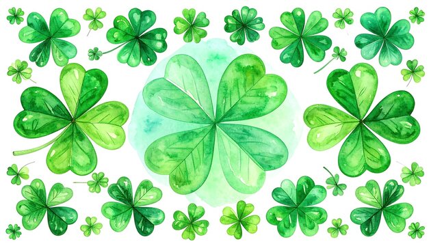 Watercolor illustration of multiple four-leaf clovers.