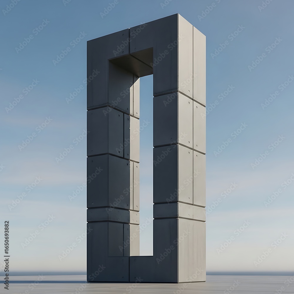 Poster modern concrete structure with an open archway against a blue sky background
