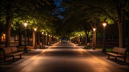 Fototapeta premium Enchanting tree lined pathway illuminated by warm lanterns at night