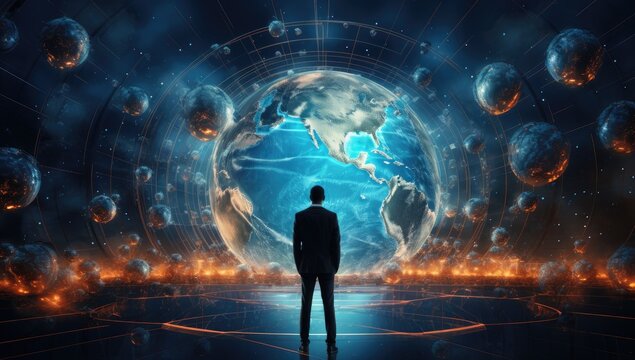 Fototapeta Back view of businessman standing in front of the online world