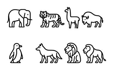 Obraz premium Continental Animal Icons. Outline icon set of animals by continent: elephant (Africa), tiger (Asia), kangaroo