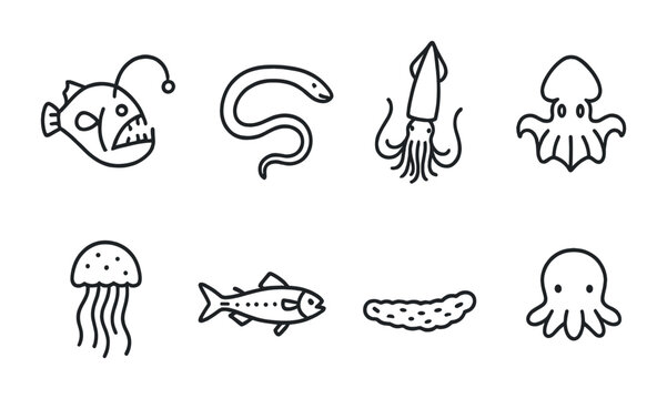 Deep Sea Icons. Outline icon set of deep sea animals: anglerfish, gulper eel, giant squid, vampire squid, deep