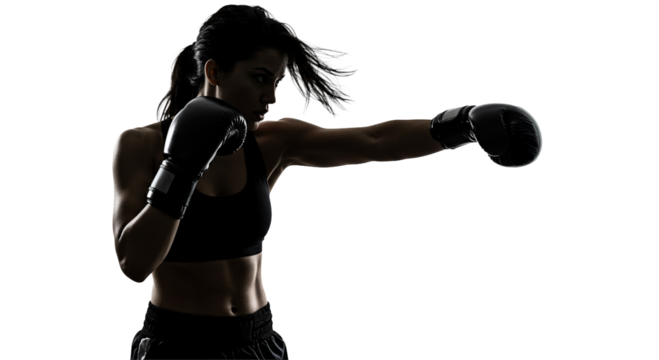 Boxer Woman Silhouette Punching with Gloves Studio Shot on transparent background