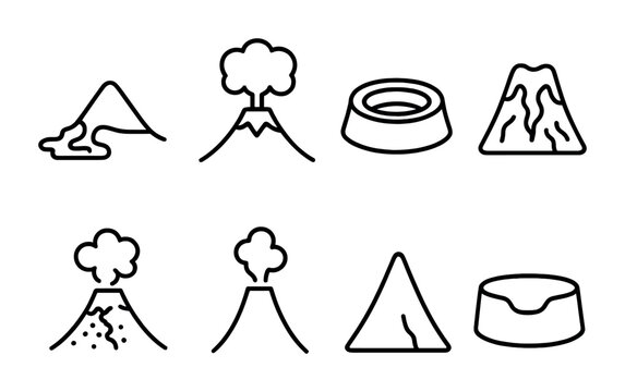 Volcanic Line Icons. Outline icon set of volcanic geography: lava flow, ash cloud, crater, magma, pyroclastic