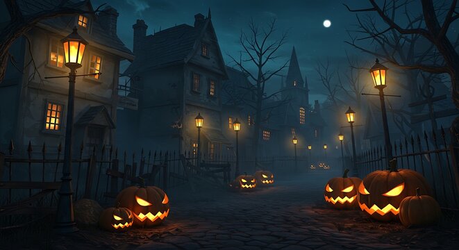 Halloween background with gothic village and evil pumpkins - 3D render. Haunted street at midnight with lanterns and fog. Spooky scary night October holiday banner background concept.