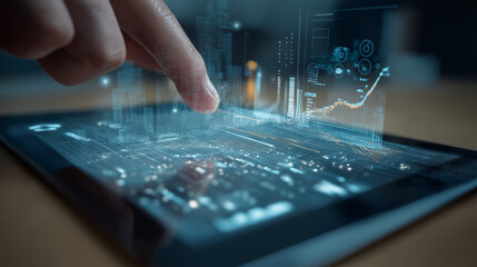 Hands on transparent tablet showing futuristic AR interface with glowing financial data