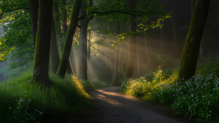 Obraz premium Sun rays shine through the trees along a path in a beautiful forest