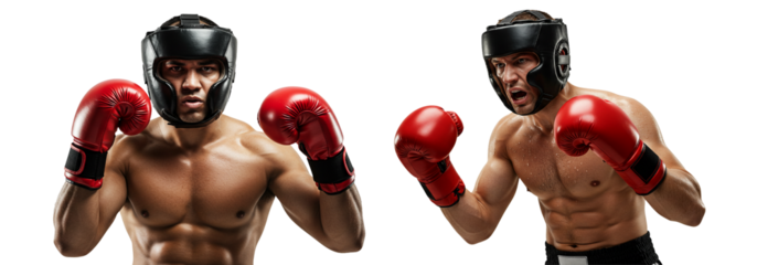 Boxers with Red Gloves Ready to Fight, Wearing Protective Headgear on White on transparent background