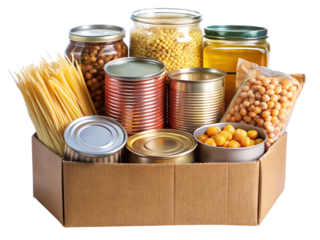 Food Donation Box with Pasta, Beans, and Canned Goods – Isolated on White Background – PNG – GENERATIVE AI