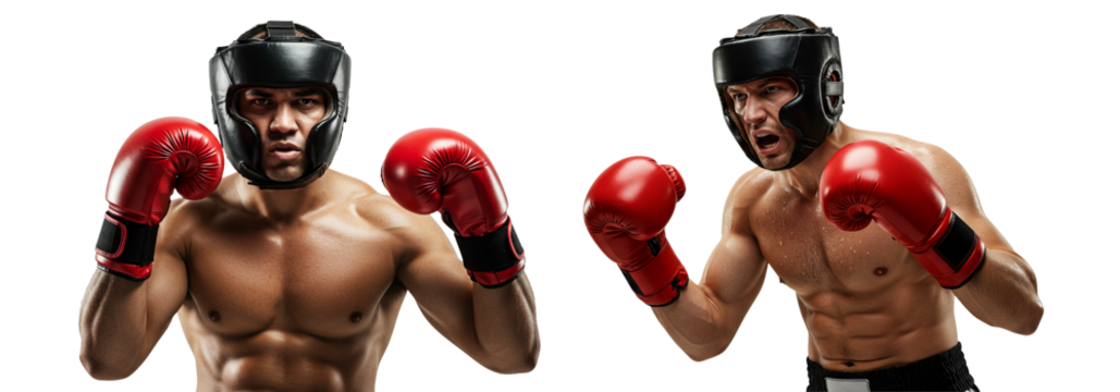 Boxers with Red Gloves Ready to Fight, Wearing Protective Headgear on White on transparent background