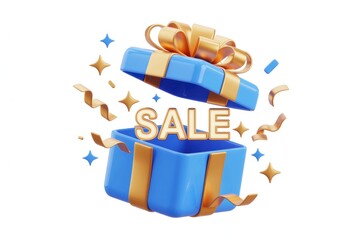 Blue gift box with golden sale ribbon on white background