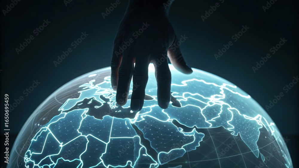 Poster hand hovering over a sensitive geopolitical map in gigapixel format