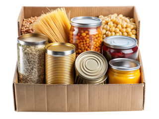 Food Donation Box with Pasta, Beans, and Canned Goods – Isolated on White Background – PNG – GENERATIVE AI