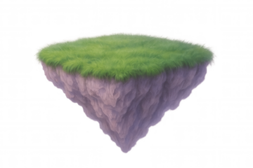 Square floating island with green grass growing on purple rock, isolated on transparent background, ideal for compositions