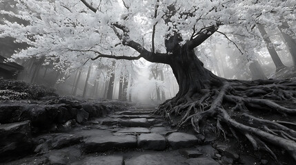 Explore the monochrome forest path with blooming tree and misty landscape photography art print