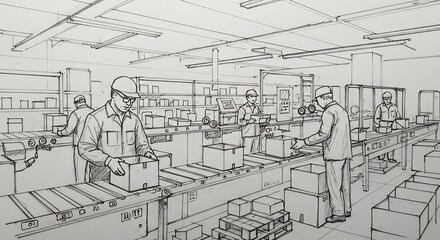 Industrial Factory Workers Packing Boxes in Warehouse with Conveyor Belt and Shelves