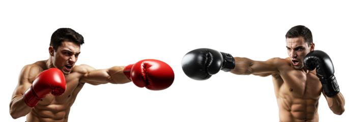 Two Aggressive Boxers Punching, One with Red Gloves, One with Black Gloves on transparent background
